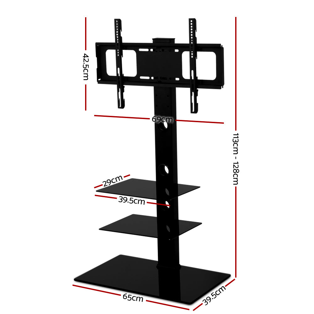 Artiss Floor TV Stand Bracket Mount, adjustable for 32 to 70 inch TVs, featuring a sleek black design with tempered glass shelves.