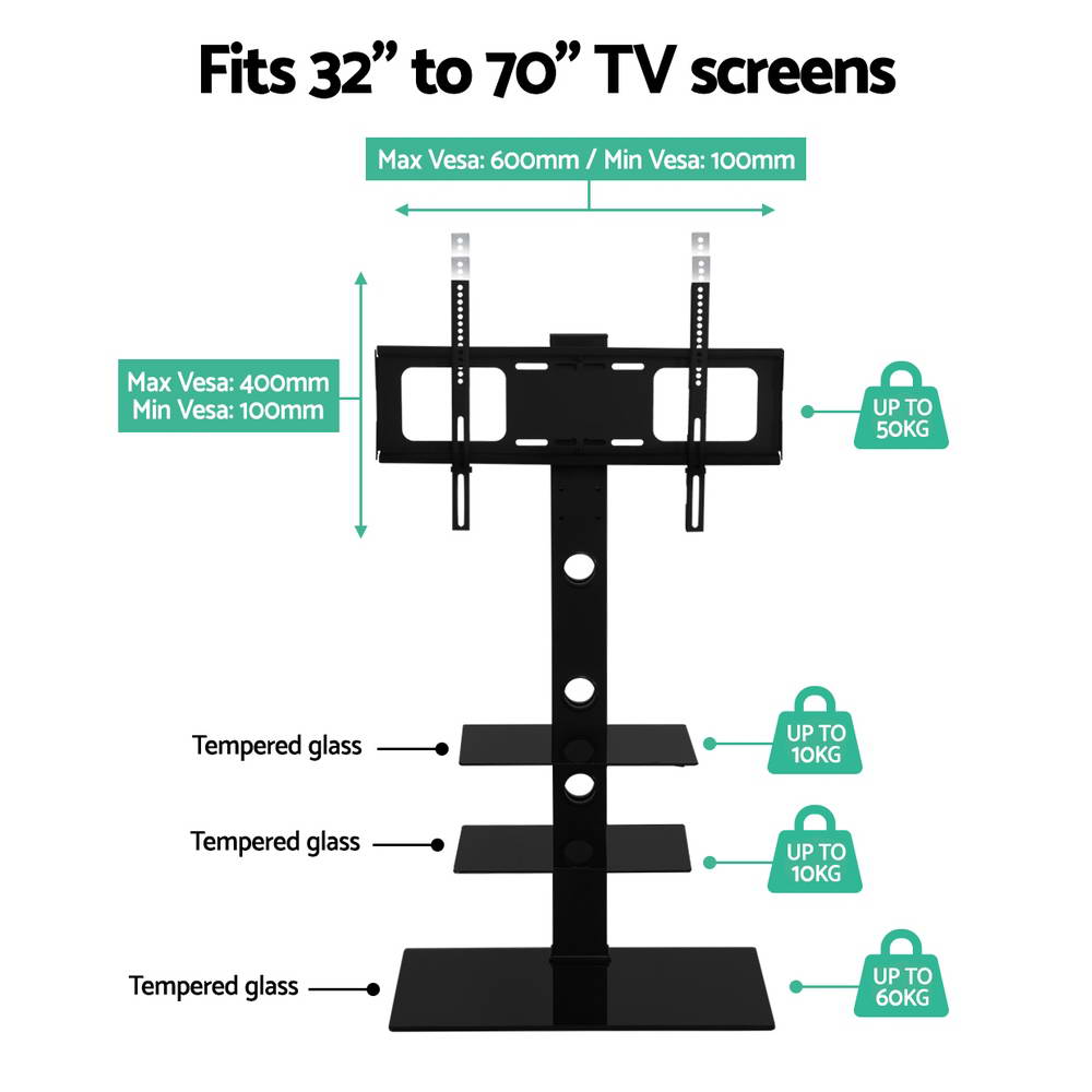 Artiss Floor TV Stand Bracket Mount, adjustable for 32 to 70 inch TVs, featuring a sleek black design with tempered glass shelves.