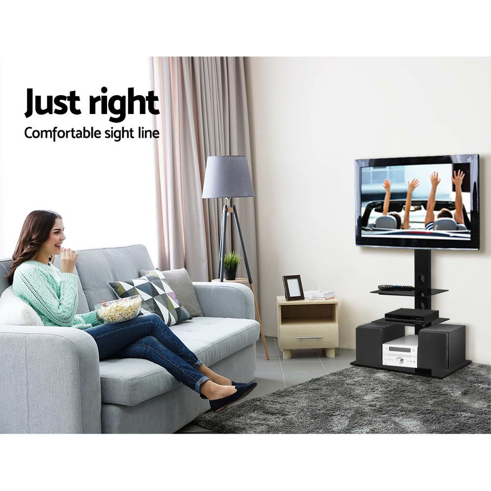 Artiss Floor TV Stand Bracket Mount, adjustable for 32 to 70 inch TVs, featuring a sleek black design with tempered glass shelves.