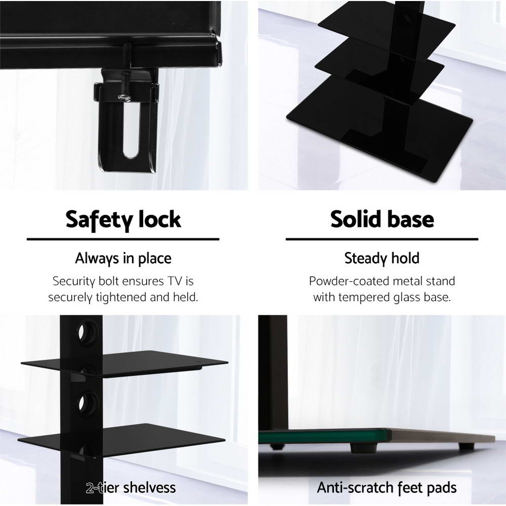 Artiss Floor TV Stand Bracket Mount, adjustable for 32 to 70 inch TVs, featuring a sleek black design with tempered glass shelves.