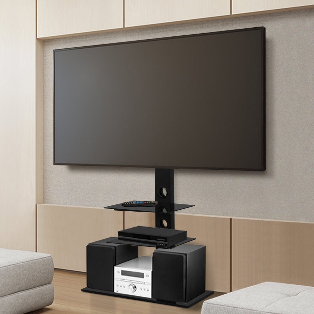 Artiss Floor TV Stand Bracket Mount, adjustable for 32 to 70 inch TVs, featuring a sleek black design with tempered glass shelves.