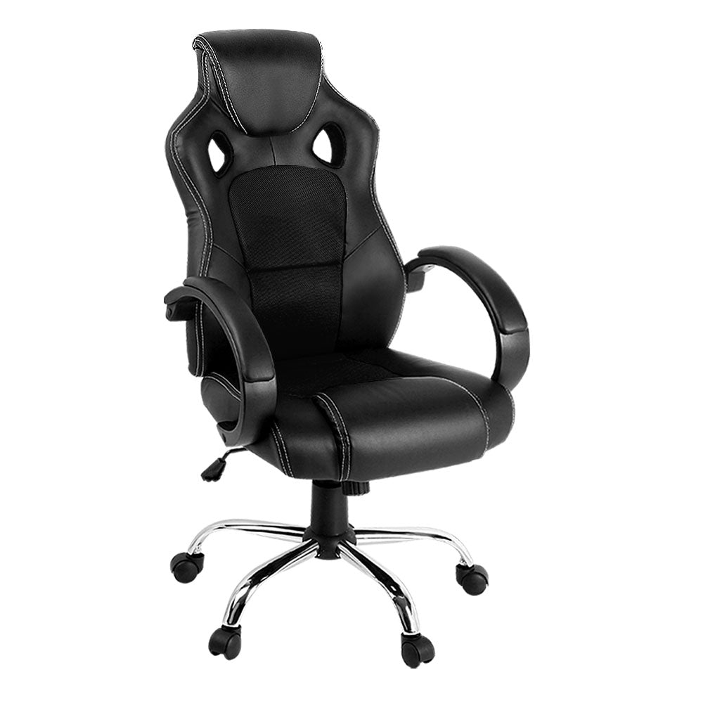 Artiss Gaming Chair in black faux leather with ergonomic design and chrome base, featuring padded armrests and high back support.