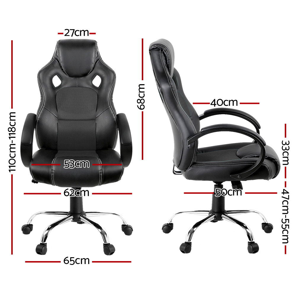 Artiss Gaming Chair in black faux leather with ergonomic design and chrome base, featuring padded armrests and high back support.