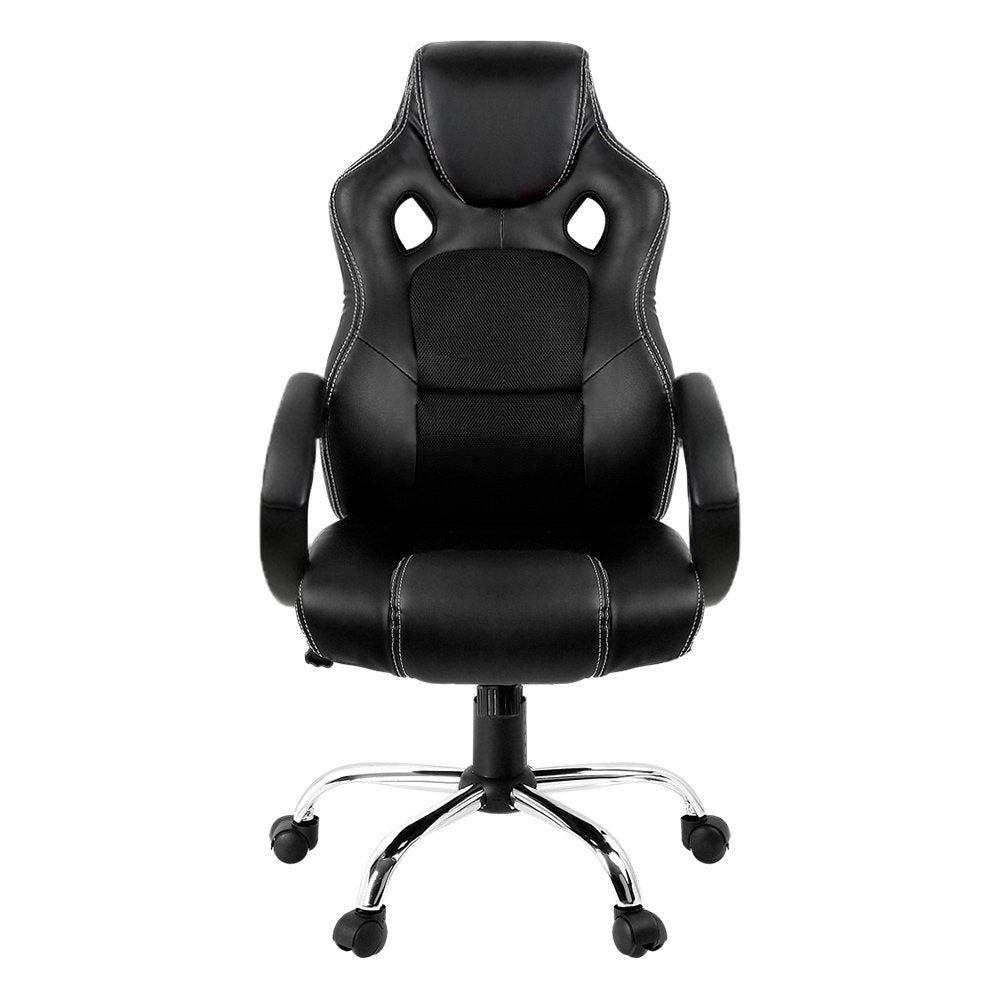 Artiss Gaming Chair in black faux leather with ergonomic design and chrome base, featuring padded armrests and high back support.