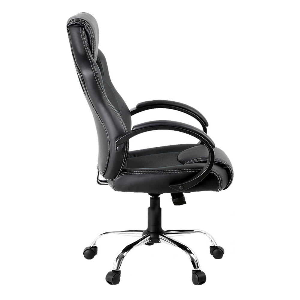 Artiss Gaming Chair in black faux leather with ergonomic design and chrome base, featuring padded armrests and high back support.