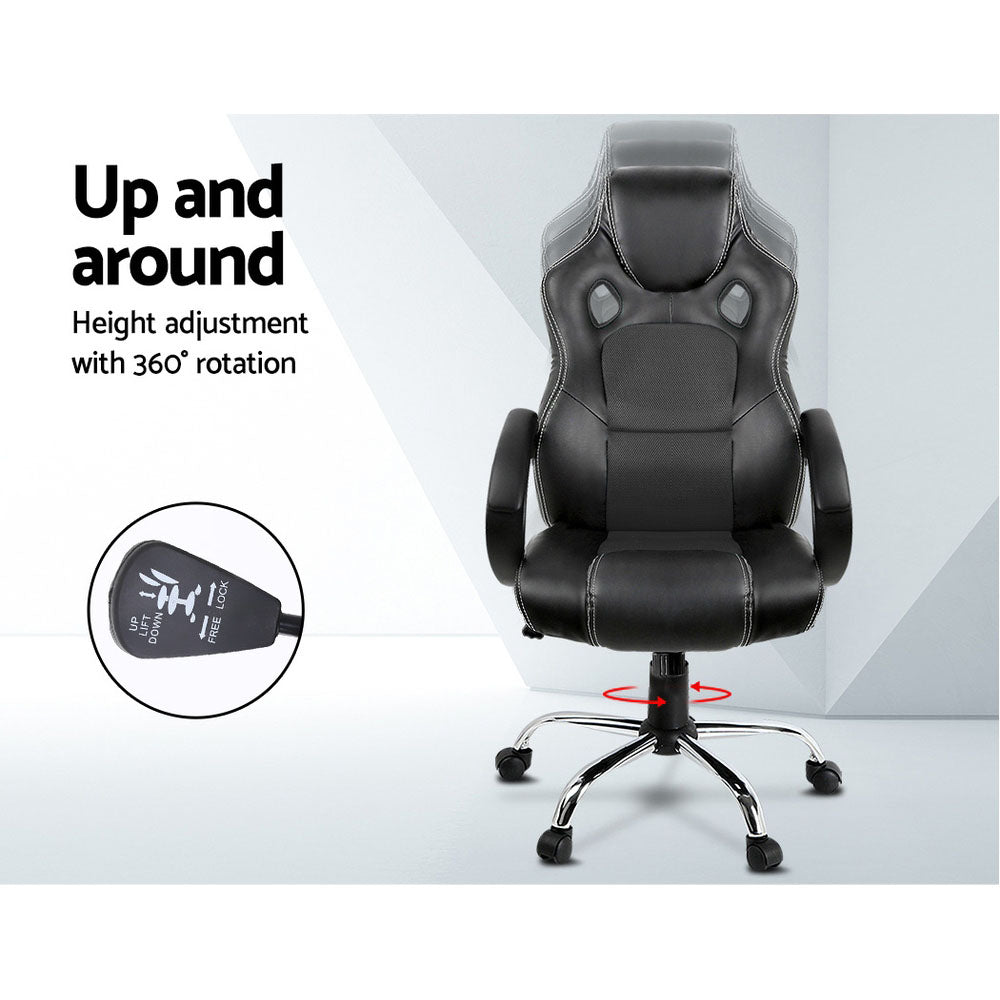 Artiss Gaming Chair in black faux leather with ergonomic design and chrome base, featuring padded armrests and high back support.