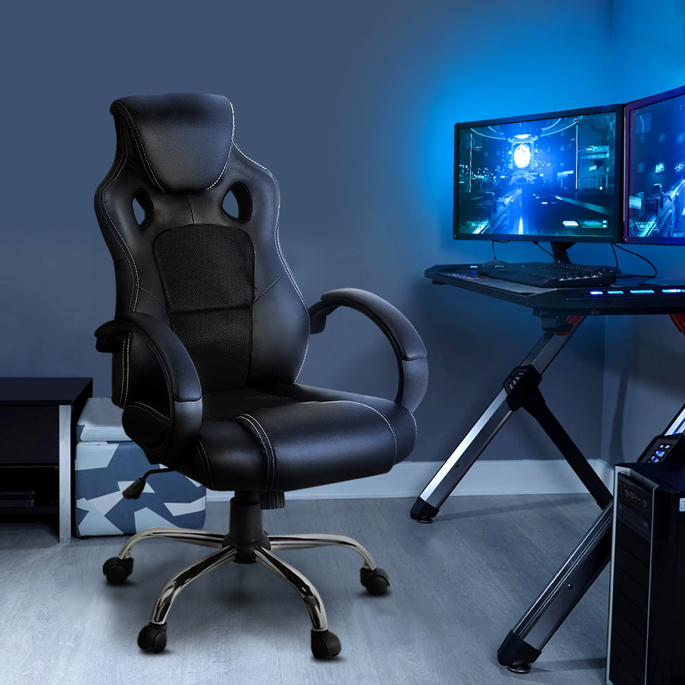 Artiss Gaming Chair in black faux leather with ergonomic design and chrome base, featuring padded armrests and high back support.