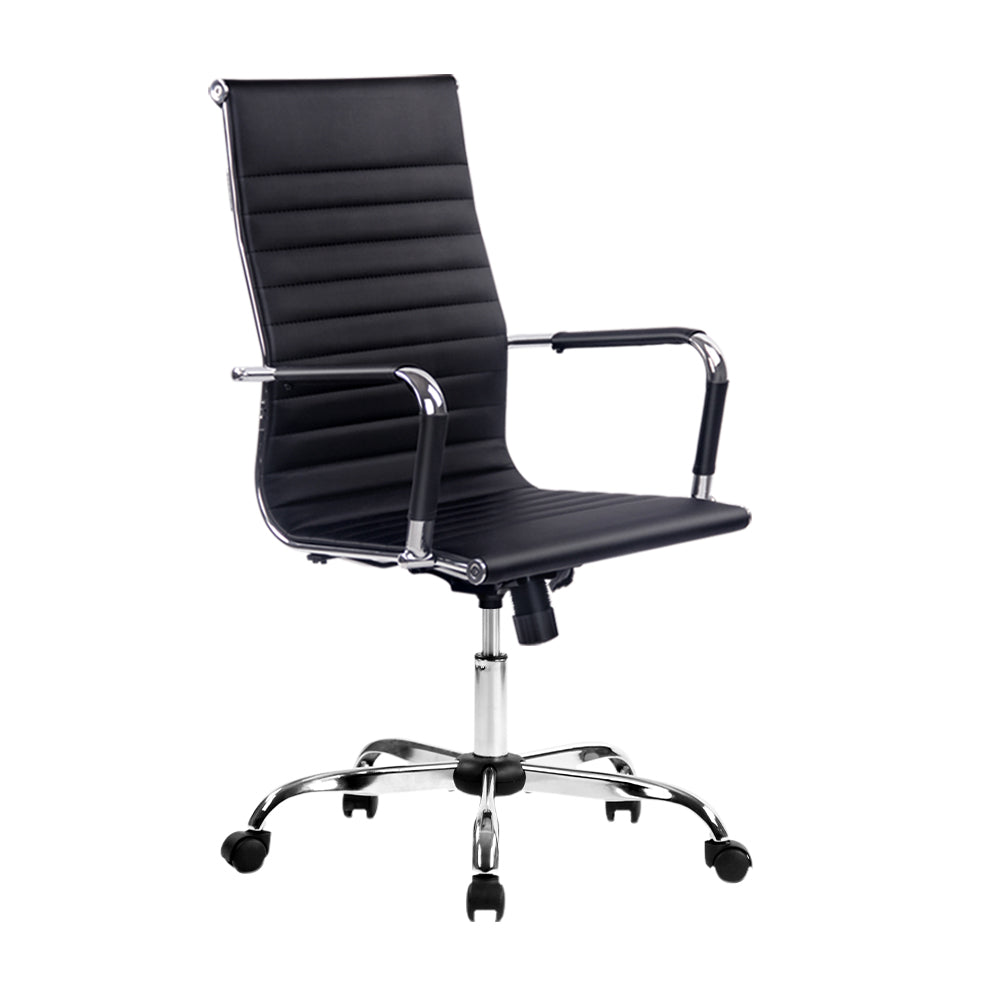 Artiss Gaming Office Chair in black faux leather with chrome base and wheels, featuring high back support and built-in rack for accessories.