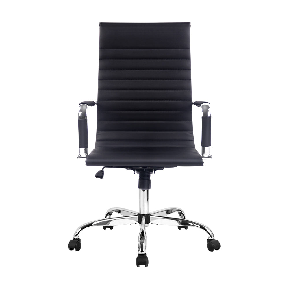 Artiss Gaming Office Chair in black faux leather with chrome base and wheels, featuring high back support and built-in rack for accessories.