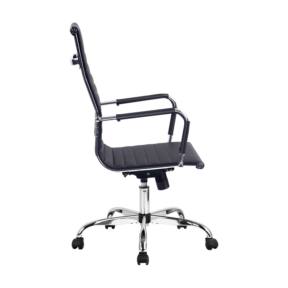 Artiss Gaming Office Chair in black faux leather with chrome base and wheels, featuring high back support and built-in rack for accessories.