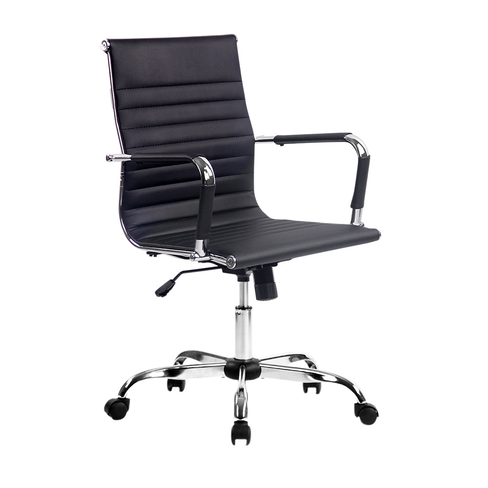 Artiss Gaming Office Chair in black faux leather with chrome base, showcasing its elegant design and features.