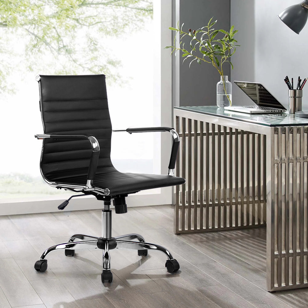 Artiss Gaming Office Chair in black faux leather with chrome base, showcasing its elegant design and features.