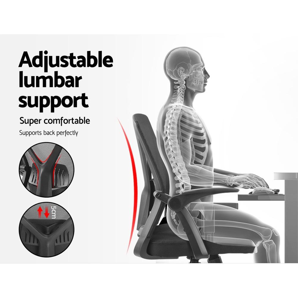 Artiss Gaming Office Chair featuring a black mesh design, adjustable lumbar support, and flip-up armrests, perfect for gaming and office use.