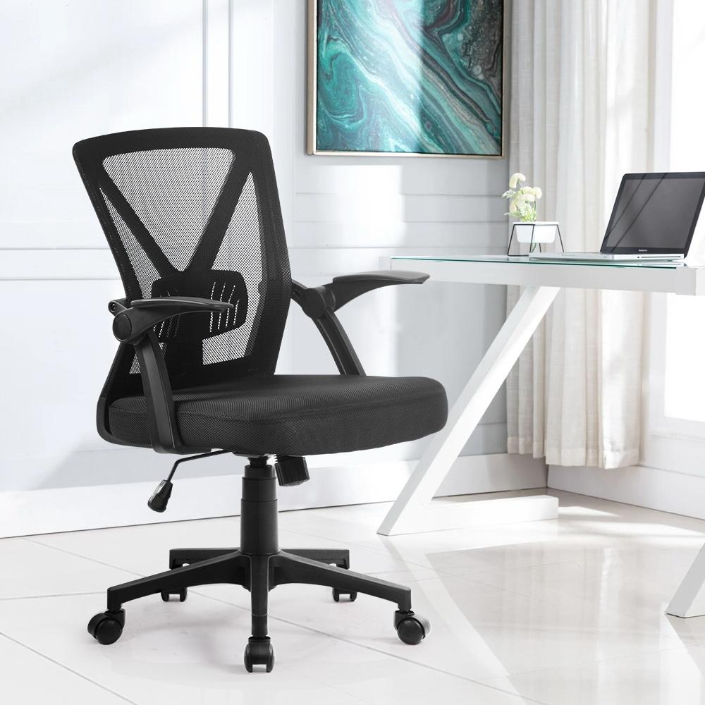 Artiss Gaming Office Chair featuring a black mesh design, adjustable lumbar support, and flip-up armrests, perfect for gaming and office use.