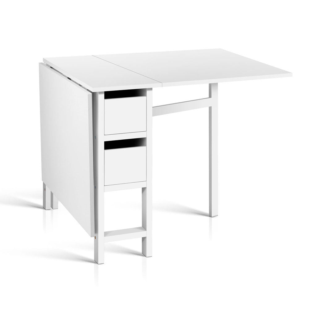 Artiss Gateleg Dining Table in white with extendable design and iron legs, featuring two removable drawers and rounded edges.