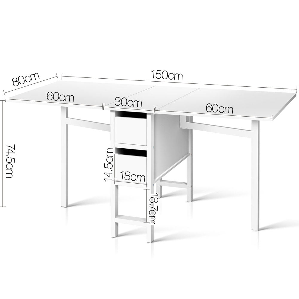 Artiss Gateleg Dining Table in white with extendable design and iron legs, featuring two removable drawers and rounded edges.