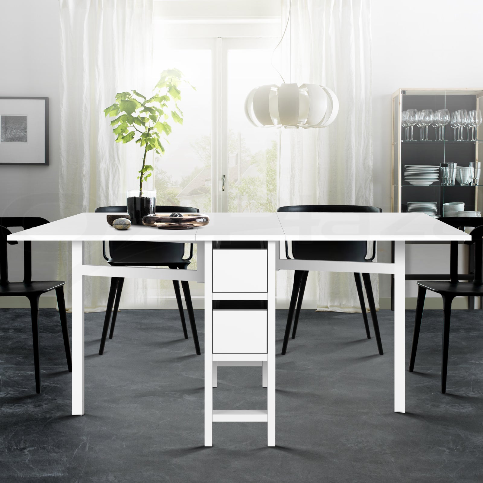 Artiss Gateleg Dining Table in white with extendable design and iron legs, featuring two removable drawers and rounded edges.