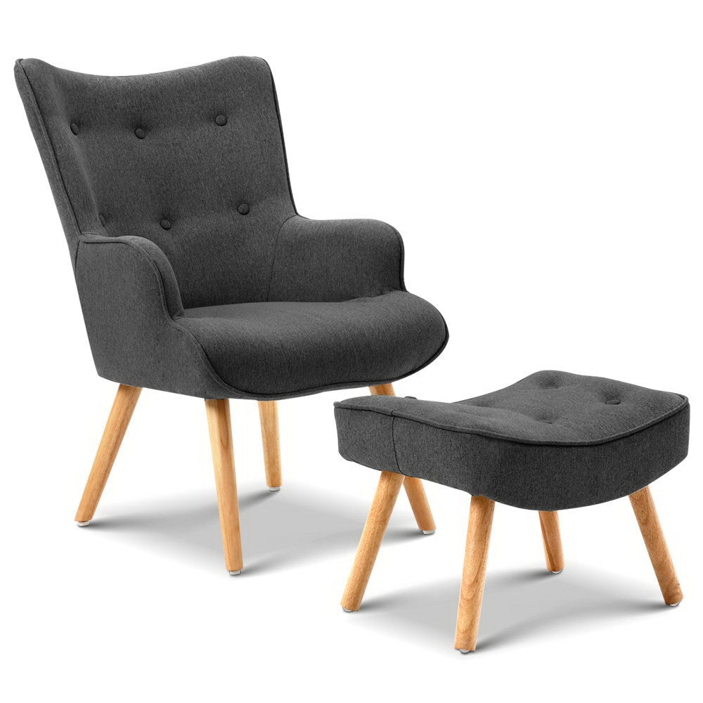 Artiss LANSAR Lounge Accent Chair in charcoal color with matching ottoman, featuring elegant tufted design and sturdy rubber wood legs.