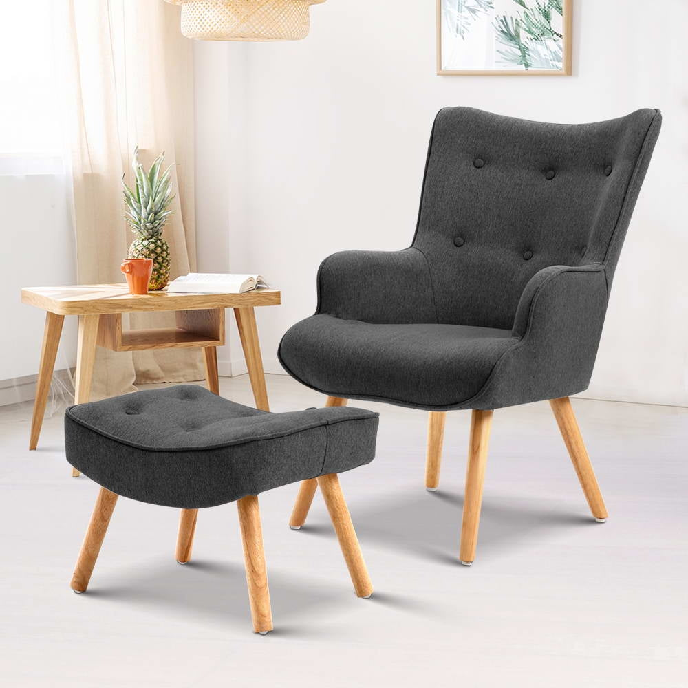 Artiss LANSAR Lounge Accent Chair in charcoal color with matching ottoman, featuring elegant tufted design and sturdy rubber wood legs.