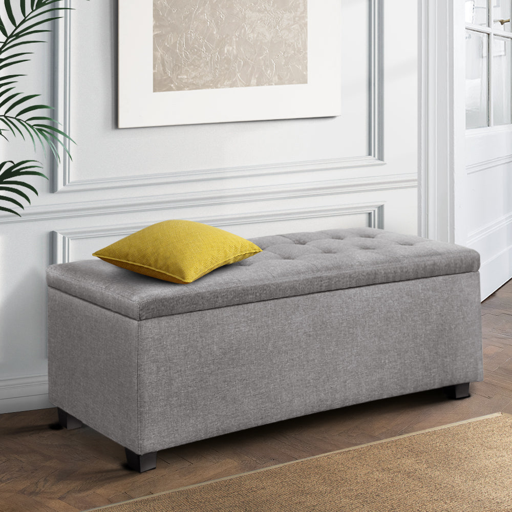 Artiss Large Fabric Storage Ottoman in Light Grey, featuring a plush cushion-top and spacious storage compartment.