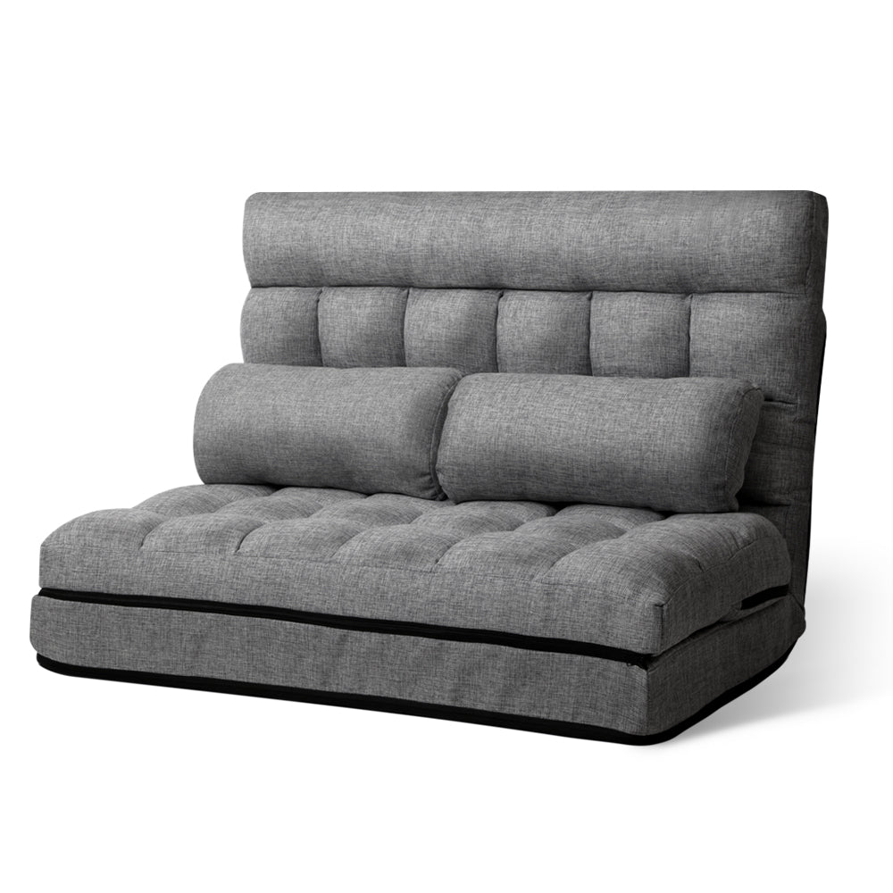 Artiss Lounge Sofa Bed 2-seater in grey fabric, showcasing adjustable angles and removable covers.