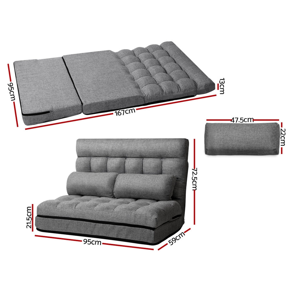 Artiss Lounge Sofa Bed 2-seater in grey fabric, showcasing adjustable angles and removable covers.