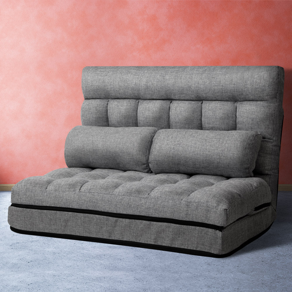 Artiss Lounge Sofa Bed 2-seater in grey fabric, showcasing adjustable angles and removable covers.