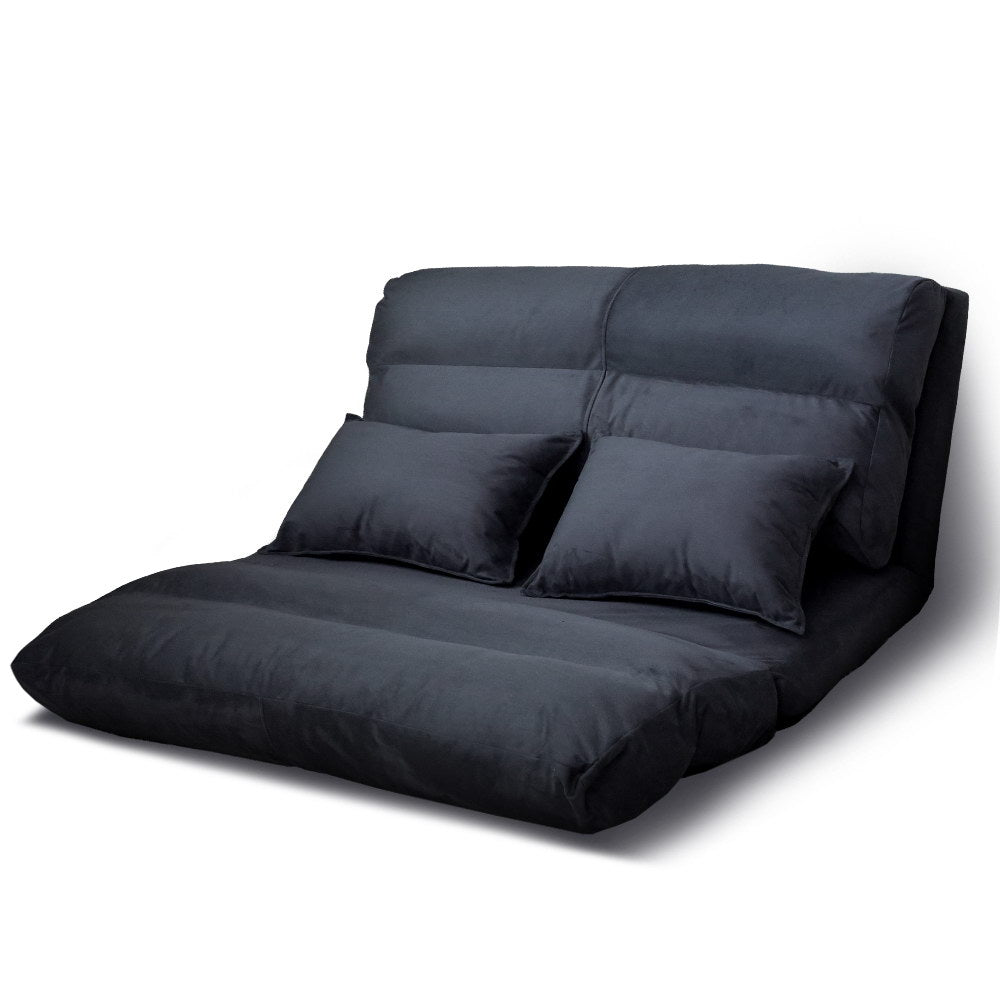 Artiss Lounge Sofa Bed in charcoal color, showcasing adjustable positions and two matching pillows.