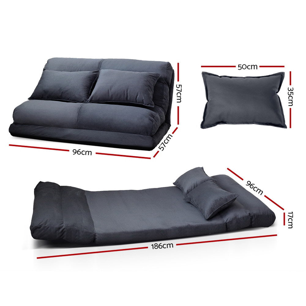 Artiss Lounge Sofa Bed in charcoal color, showcasing adjustable positions and two matching pillows.