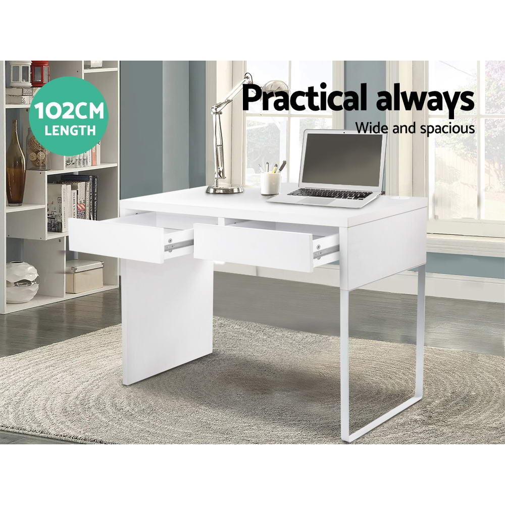 Artiss Metal Desk in white featuring two drawers and durable powder-coated legs, perfect for a modern workspace.