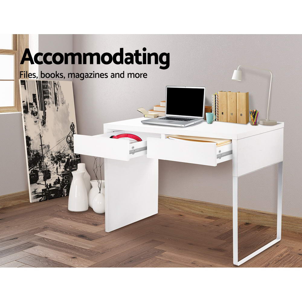 Artiss Metal Desk in white featuring two drawers and durable powder-coated legs, perfect for a modern workspace.