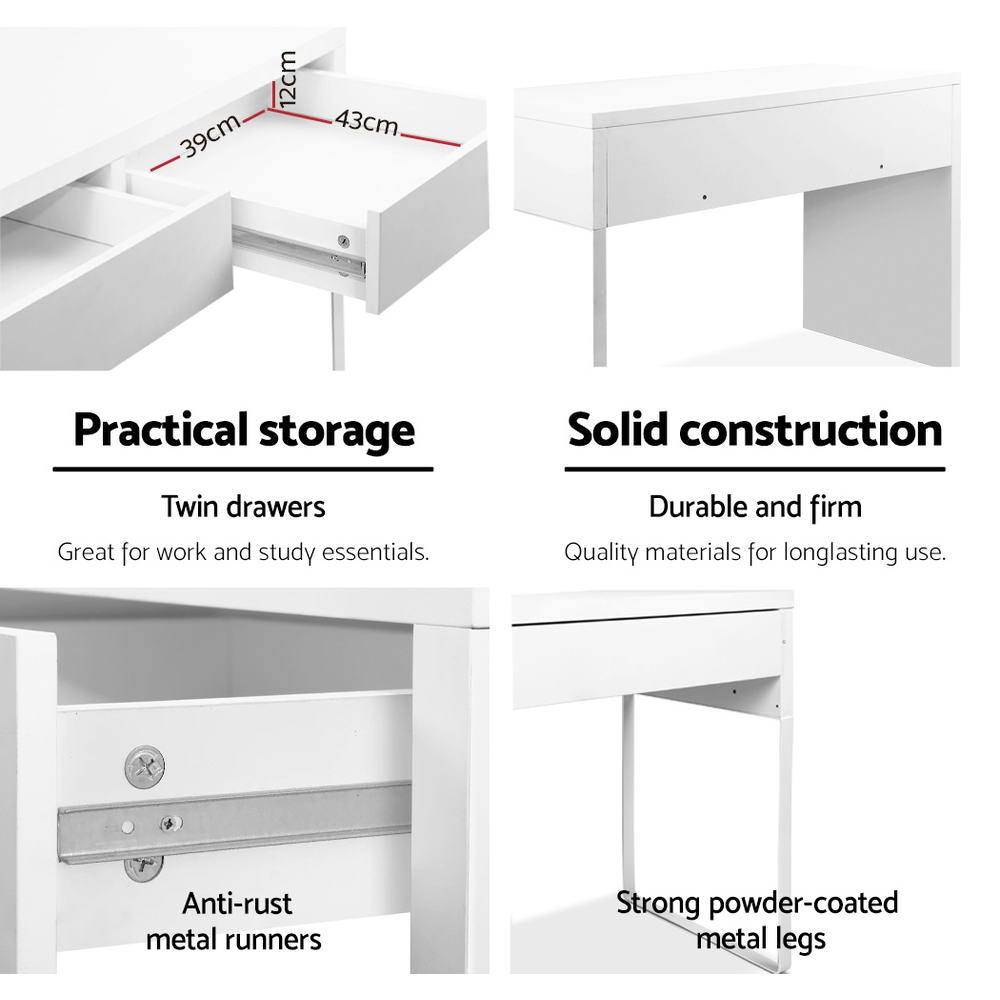 Artiss Metal Desk in white featuring two drawers and durable powder-coated legs, perfect for a modern workspace.