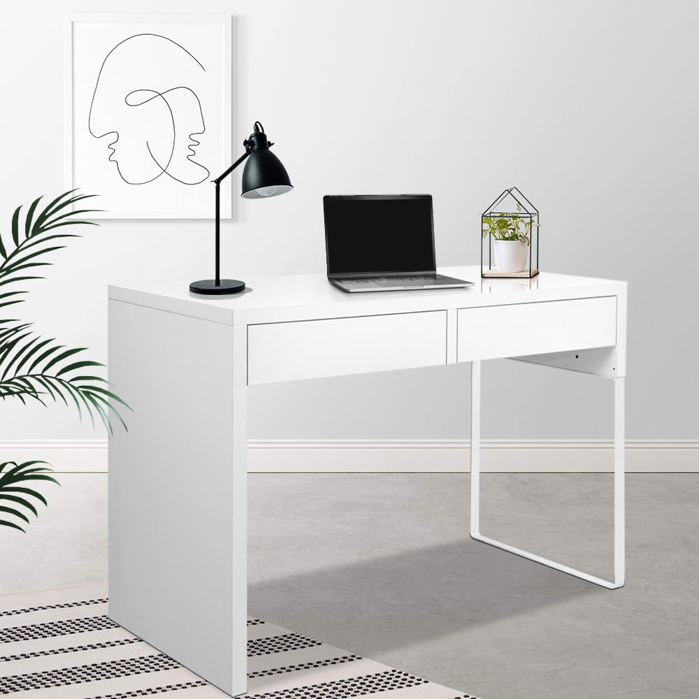 Artiss Metal Desk in white featuring two drawers and durable powder-coated legs, perfect for a modern workspace.