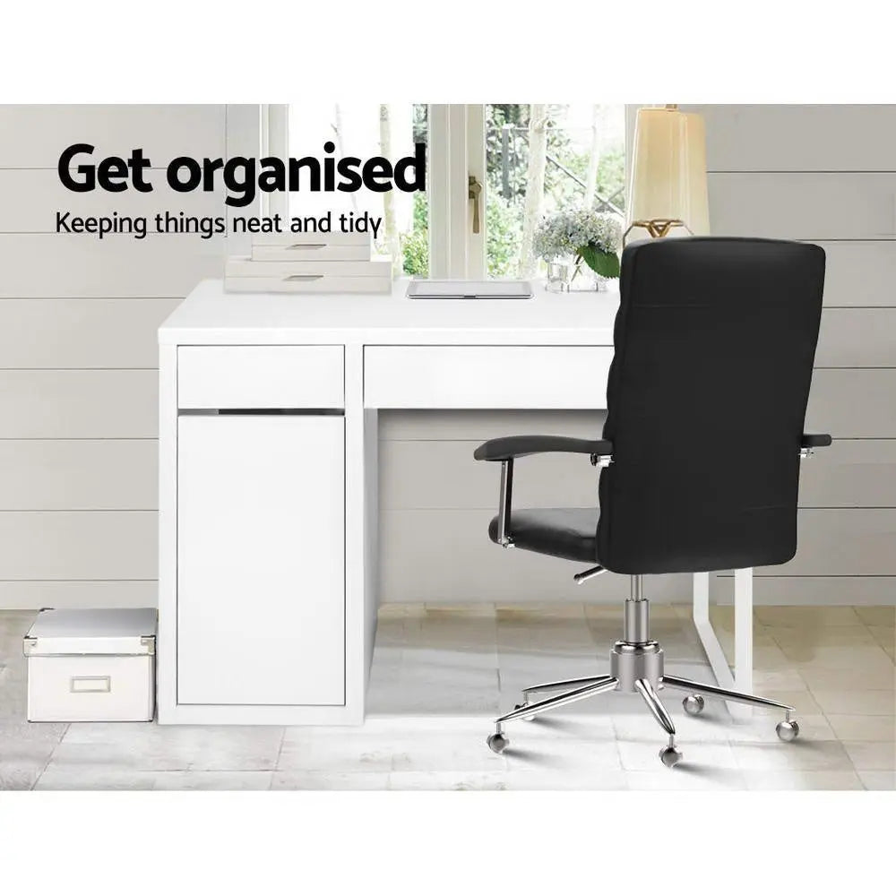 Artiss Metal Desk with Storage Cabinets in White, featuring sleek design, two drawers, and a three-tier cabinet for organized workspace.