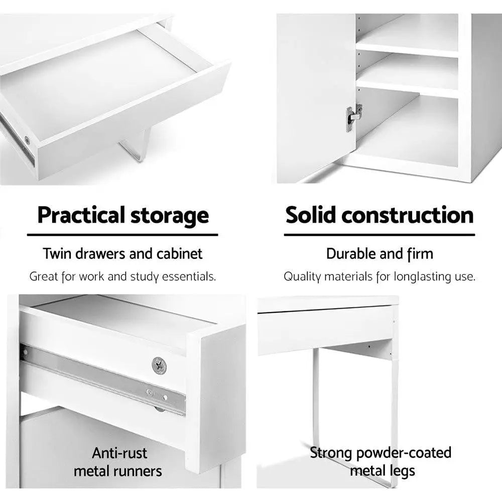 Artiss Metal Desk with Storage Cabinets in White, featuring sleek design, two drawers, and a three-tier cabinet for organized workspace.