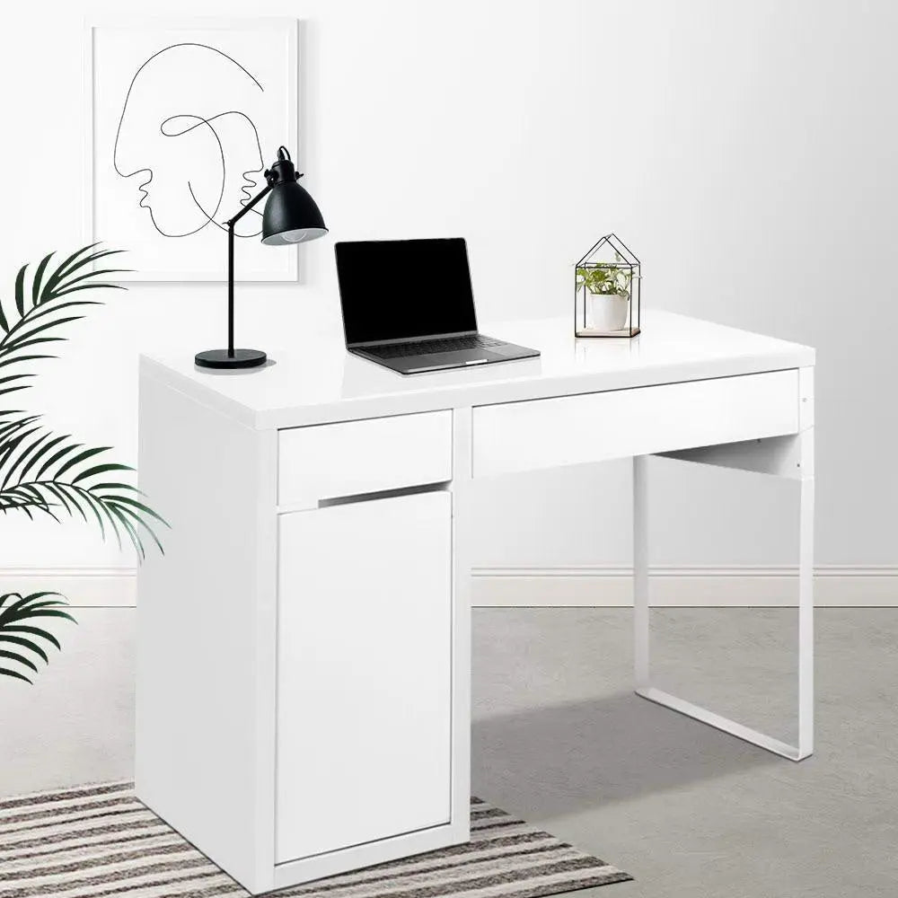 Artiss Metal Desk with Storage Cabinets in White, featuring sleek design, two drawers, and a three-tier cabinet for organized workspace.