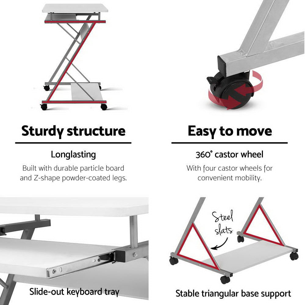 Artiss Metal Pull Out Table Desk in white with sliding keyboard tray and bottom shelf, featuring a modern Z-shape design and castor wheels.