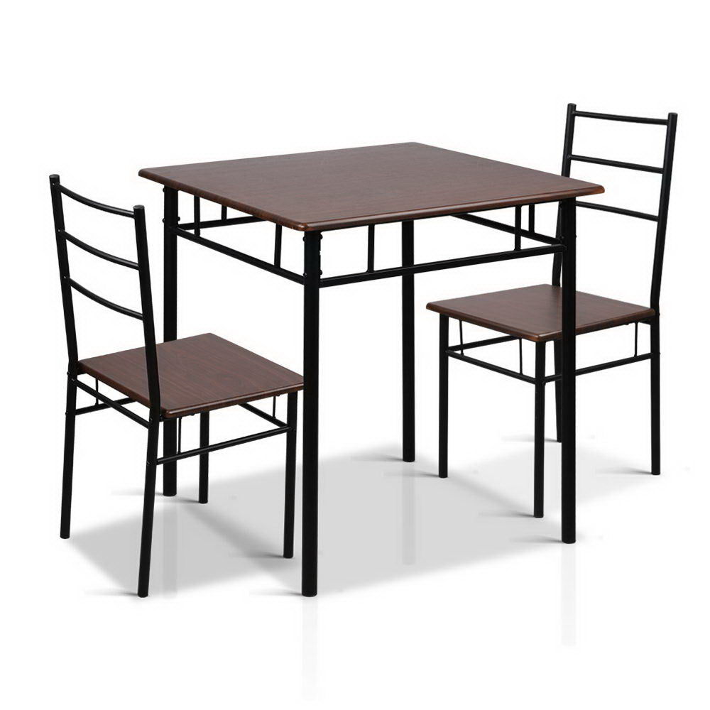 Artiss Metal Table and Chairs set in walnut and black, showcasing industrial design with a sturdy steel frame and smooth melamine finish.