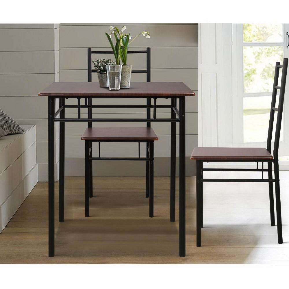 Artiss Metal Table and Chairs set in walnut and black, showcasing industrial design with a sturdy steel frame and smooth melamine finish.