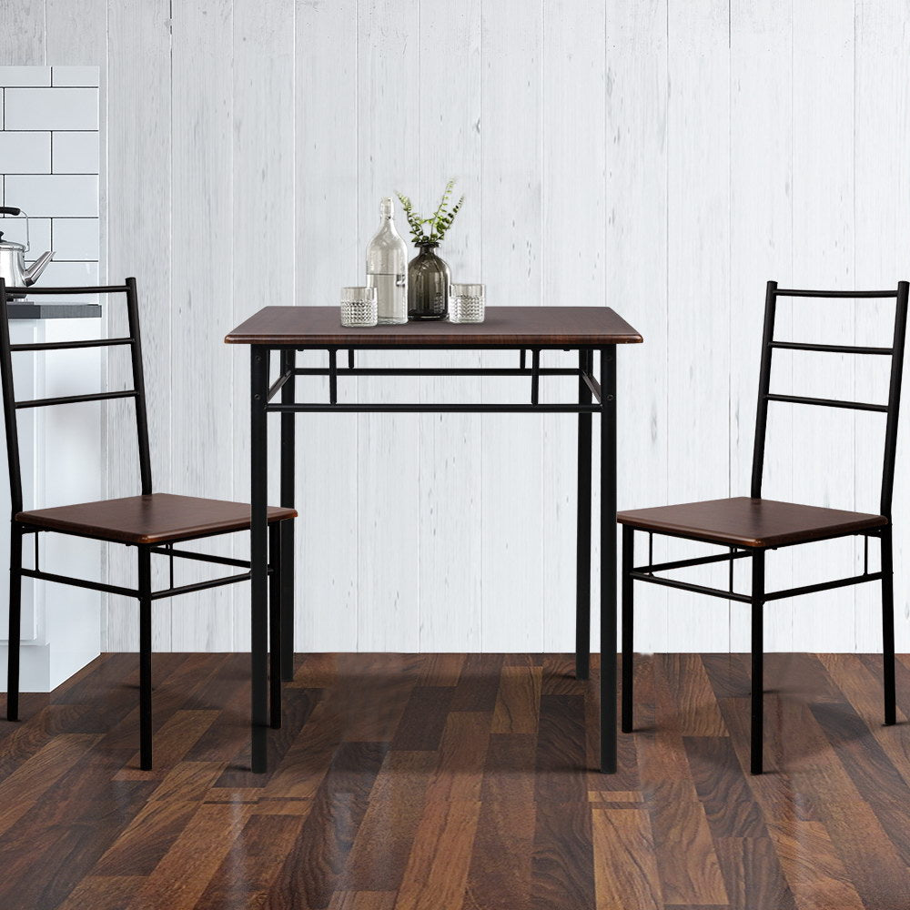 Artiss Metal Table and Chairs set in walnut and black, showcasing industrial design with a sturdy steel frame and smooth melamine finish.