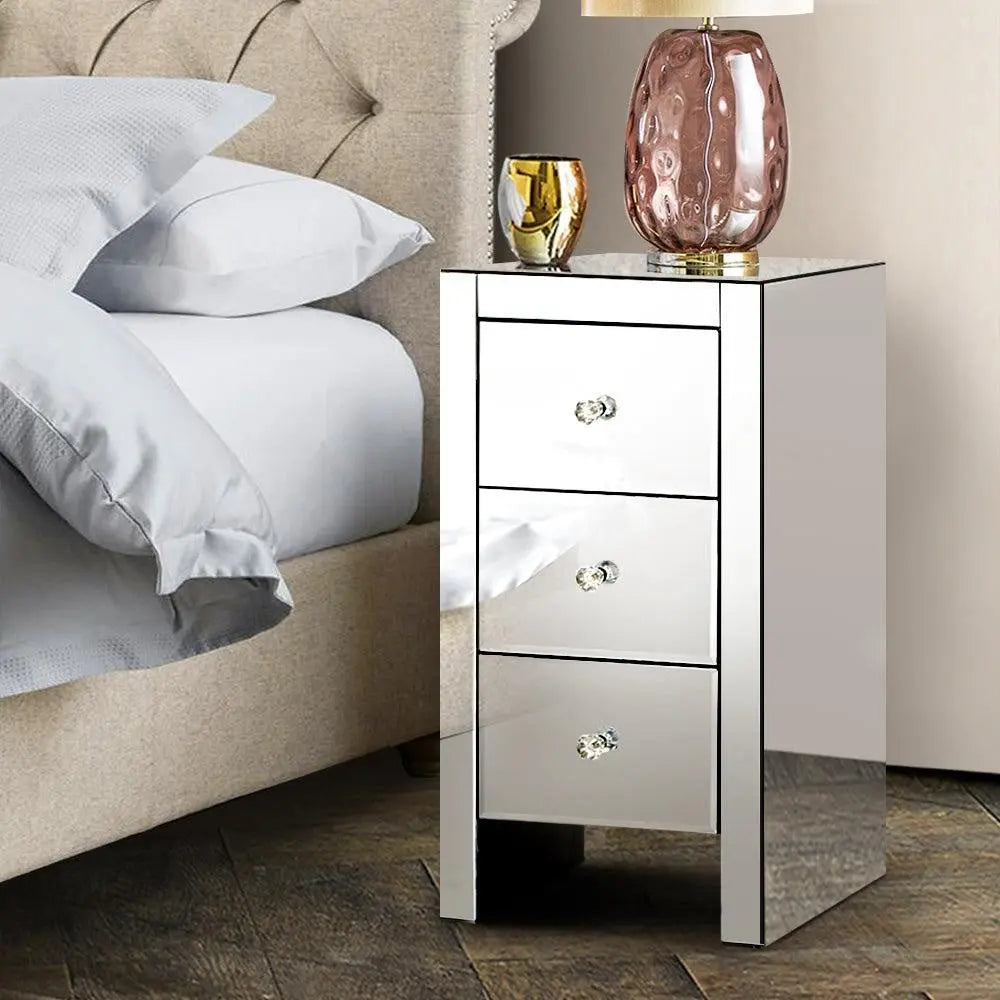 Artiss Mirrored Bedside Table featuring elegant drawers and a stunning mirror glass finish, perfect for adding glamour to any bedroom.