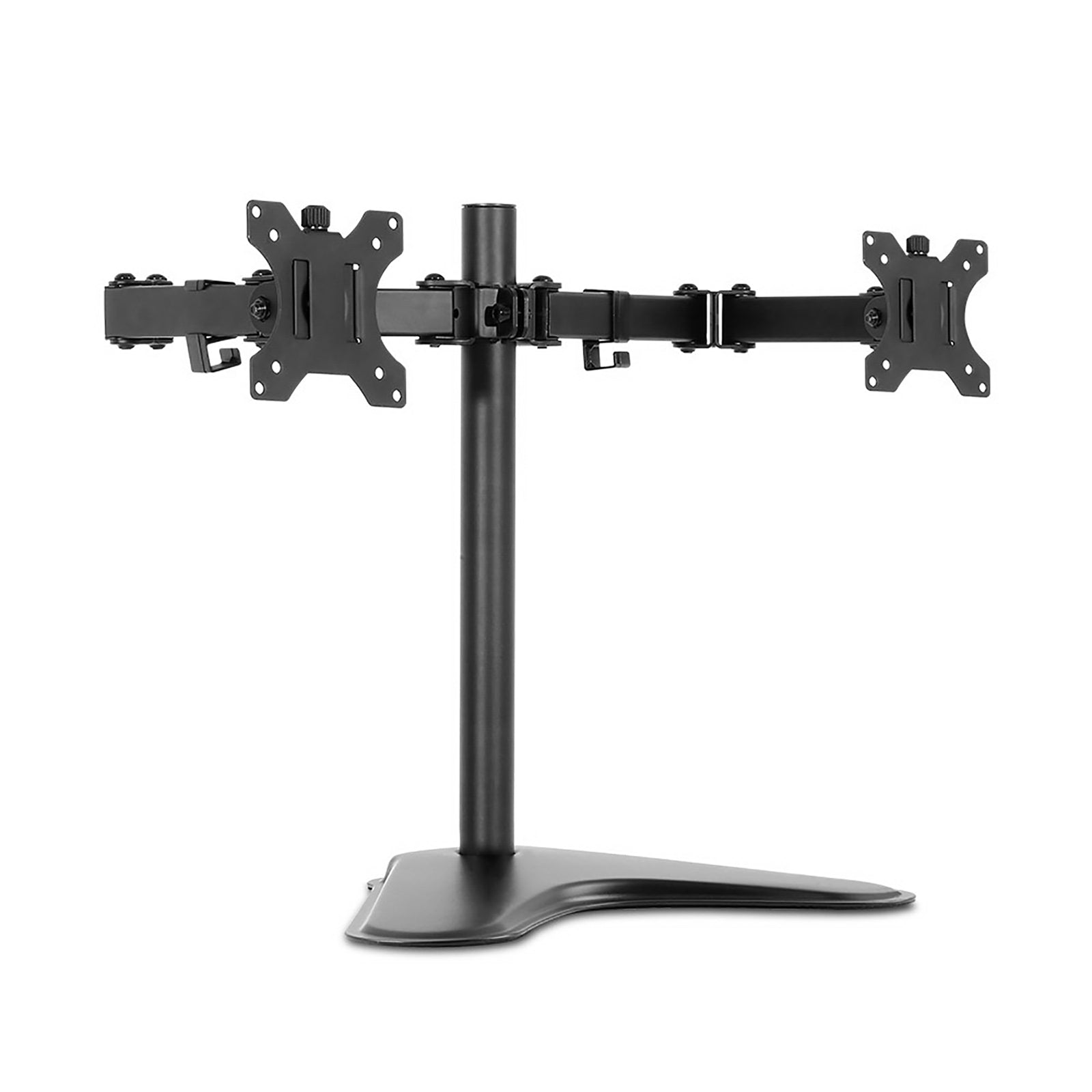 Artiss Dual Monitor Arm Stand in black, showcasing adjustable arms and VESA mount compatibility for two monitors.