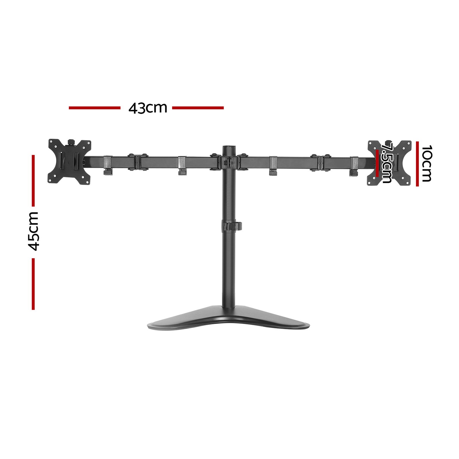 Artiss Dual Monitor Arm Stand in black, showcasing adjustable arms and VESA mount compatibility for two monitors.