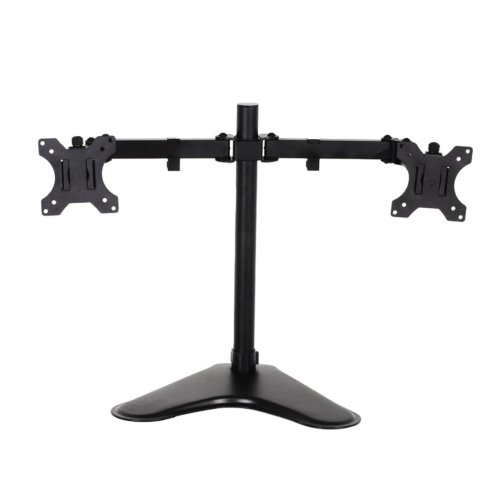 Artiss Dual Monitor Arm Stand in black, showcasing adjustable arms and VESA mount compatibility for two monitors.