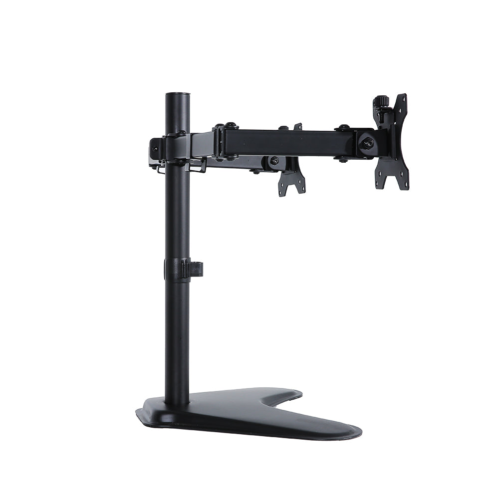 Artiss Dual Monitor Arm Stand in black, showcasing adjustable arms and VESA mount compatibility for two monitors.