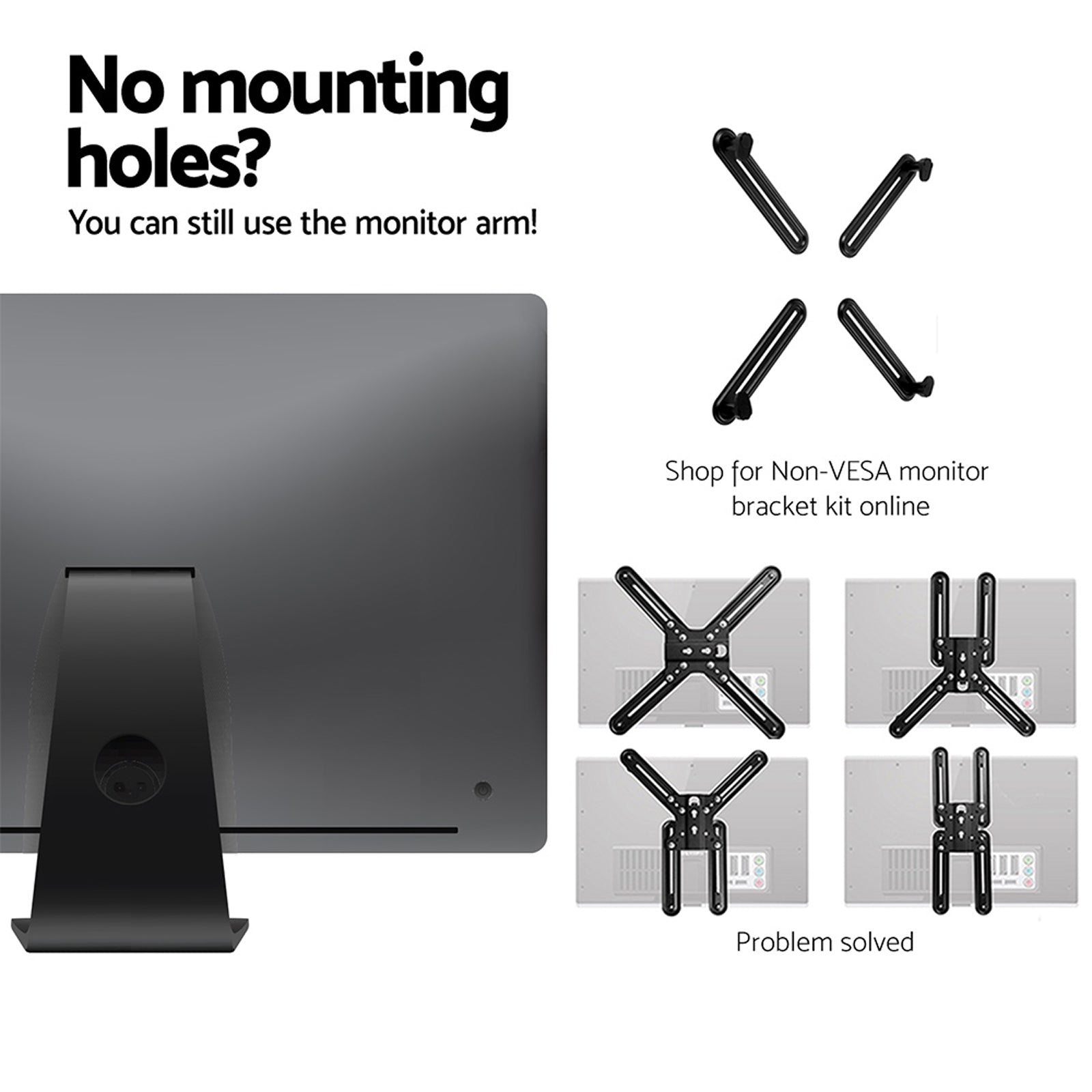 Artiss Dual Monitor Arm Stand in black, showcasing adjustable arms and VESA mount compatibility for two monitors.