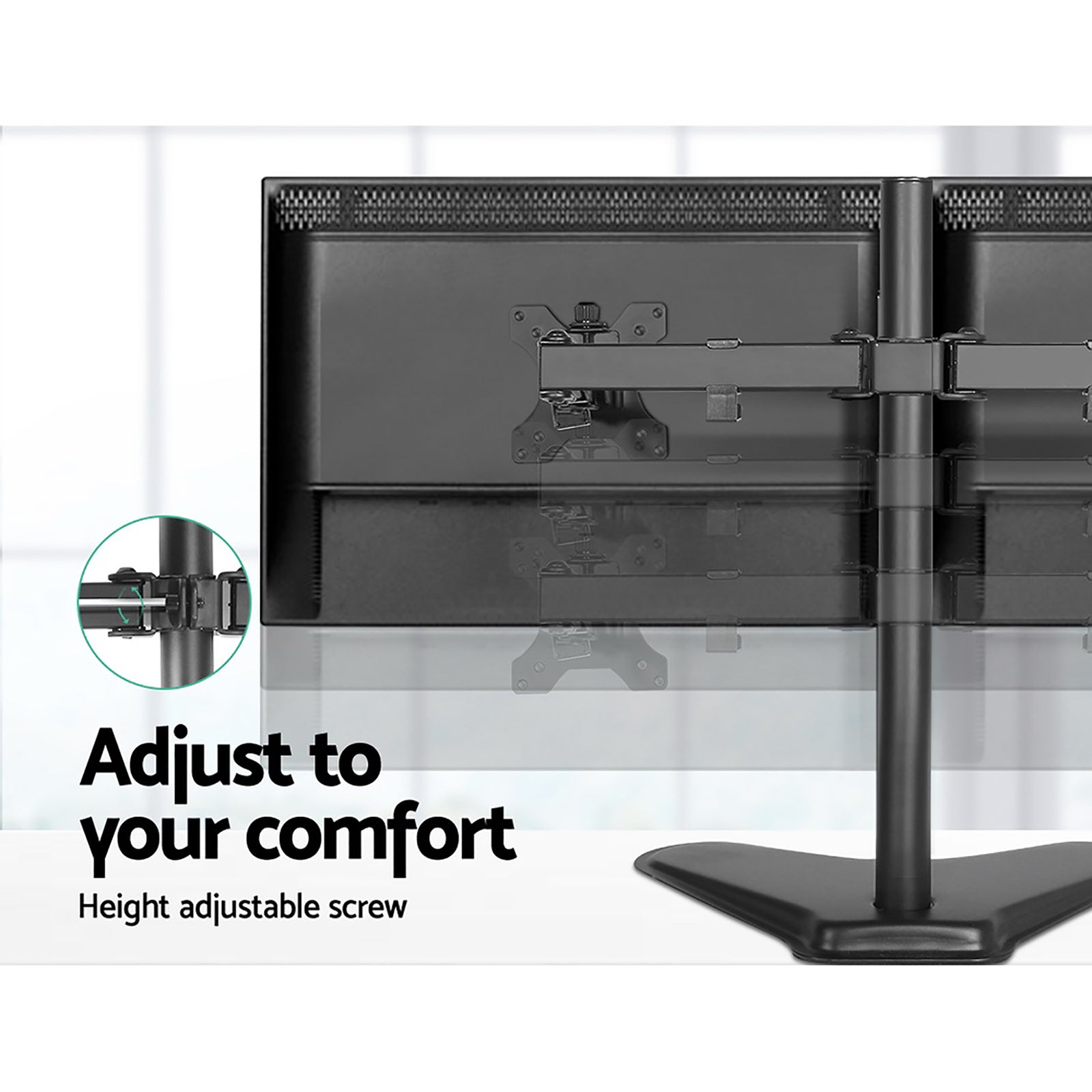 Artiss Dual Monitor Arm Stand in black, showcasing adjustable arms and VESA mount compatibility for two monitors.