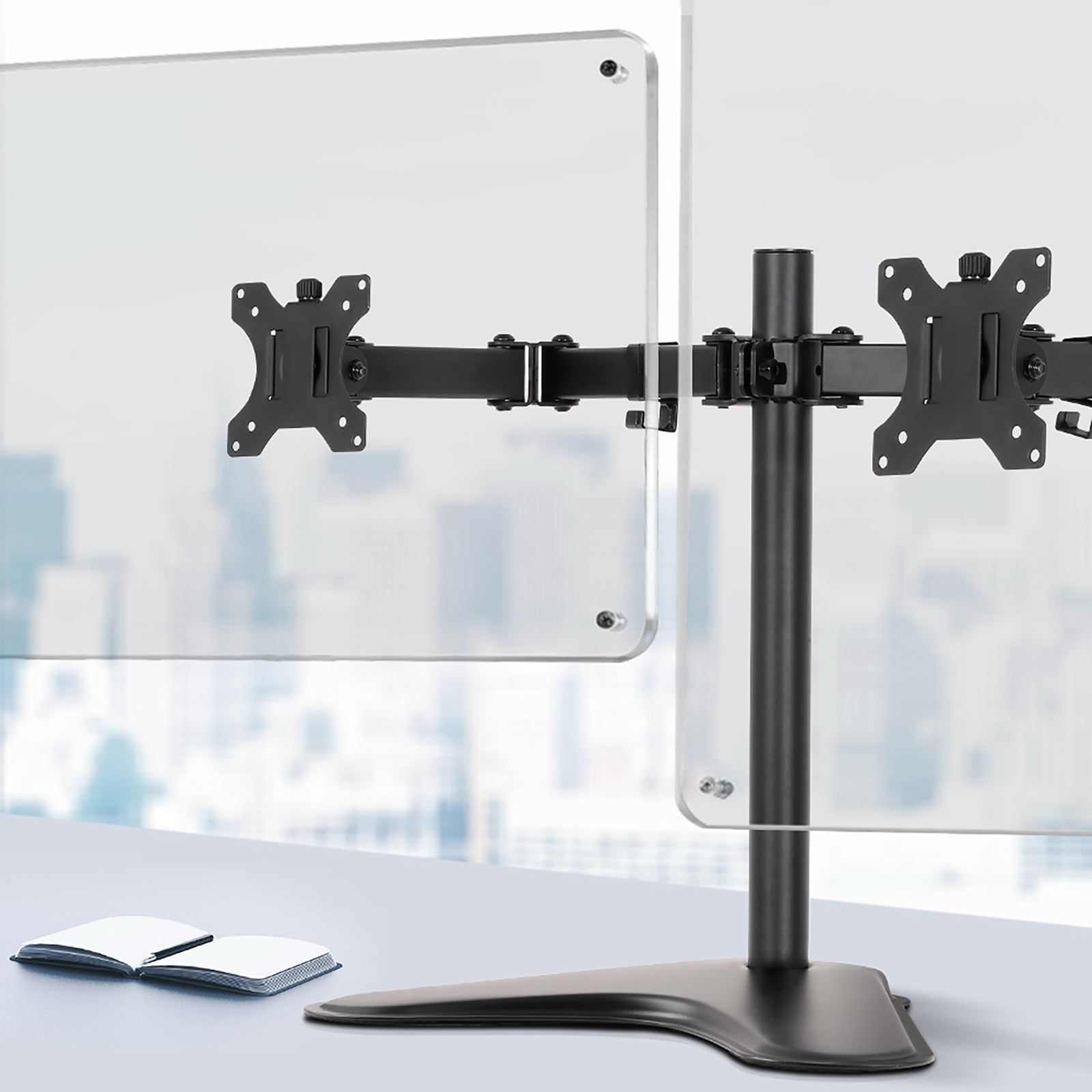 Artiss Dual Monitor Arm Stand in black, showcasing adjustable arms and VESA mount compatibility for two monitors.