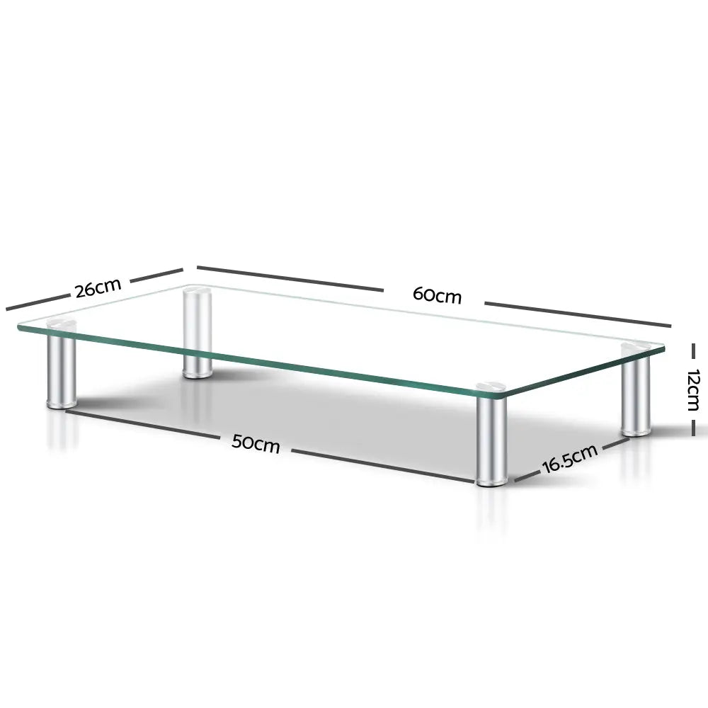 Artiss Monitor Stand Desktop Riser made of clear tempered glass with adjustable aluminum legs, designed to elevate monitors for ergonomic comfort.