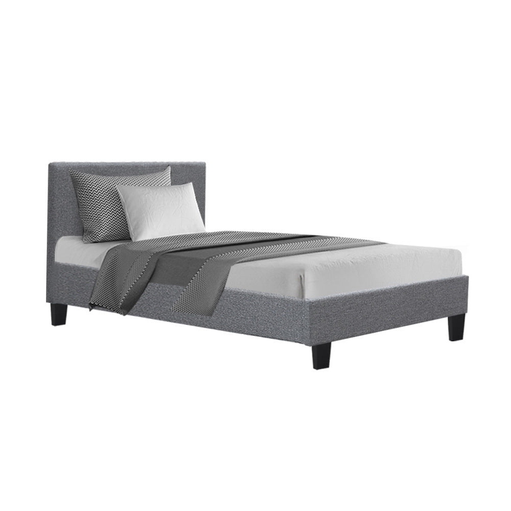 Artiss Neo Bed Frame in Grey, featuring a padded bedhead and premium faux linen upholstery, designed for king single mattresses.